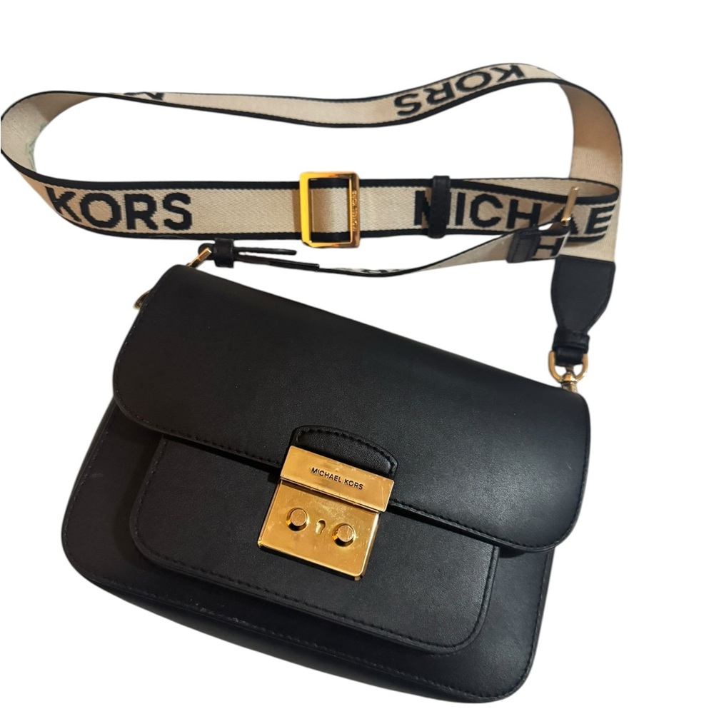 Michael Kors Black Leather Crossbody with Beige Logo Strap